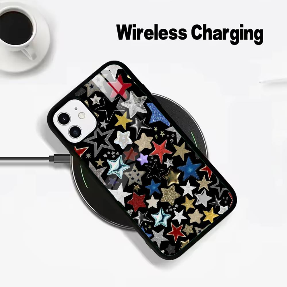 

C-Colorful Star Phone Case For IPhone17 16 15 14 13 12 11 Pro Max 16/15/14Plus Wireless Charger Cover Funda iPhone14Plus