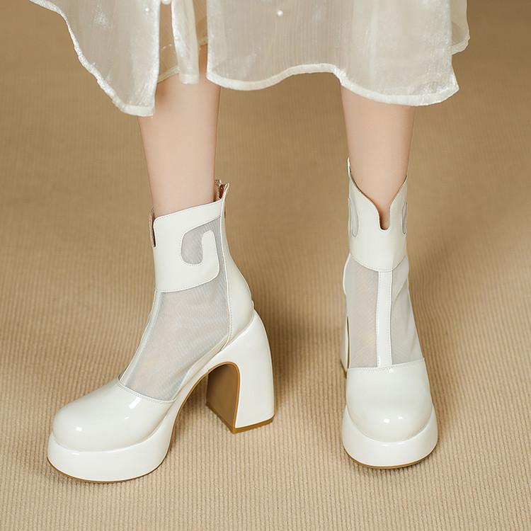 Small super high heel waterproof mesh cool boots women's 2025 summer new patent leather thick heel thick bottom breathable mesh boots