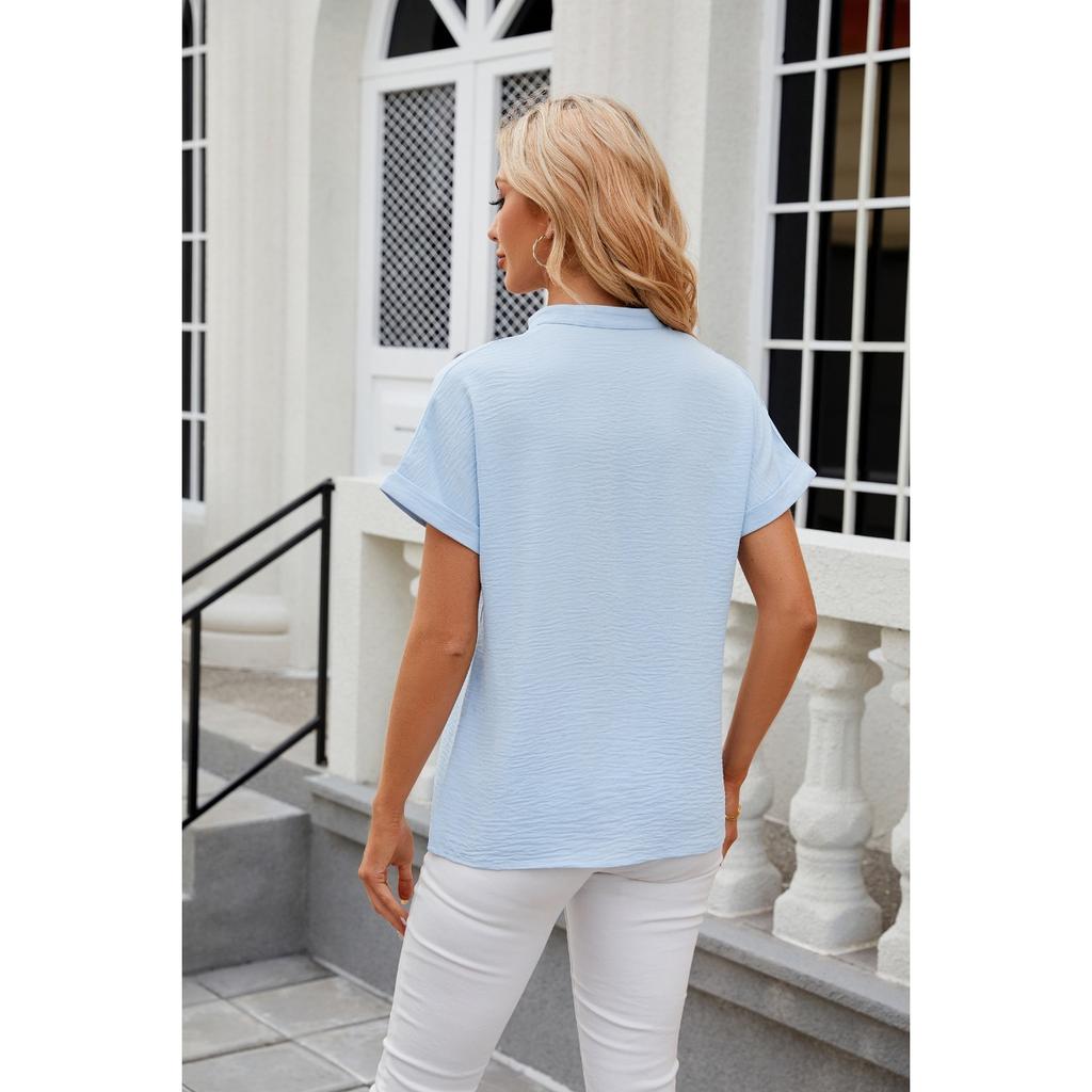 Spring Summer New Solid Color V-neck Short Sleeve Loose Casual Chiffon Blouse For Cross-border Women