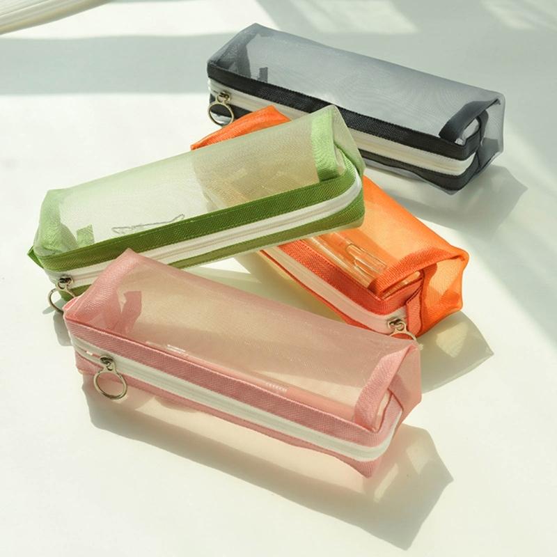 Cute Transparent Pencil for Case Mesh Makeup Storage Holder Pouch Solid Color for Travel Cosmetics Stationery Small Craf