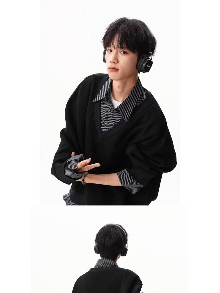 Autumn Faux Two-Piece Hoodie - Unisex Korean Style Loose Pullover with Shirt Collar