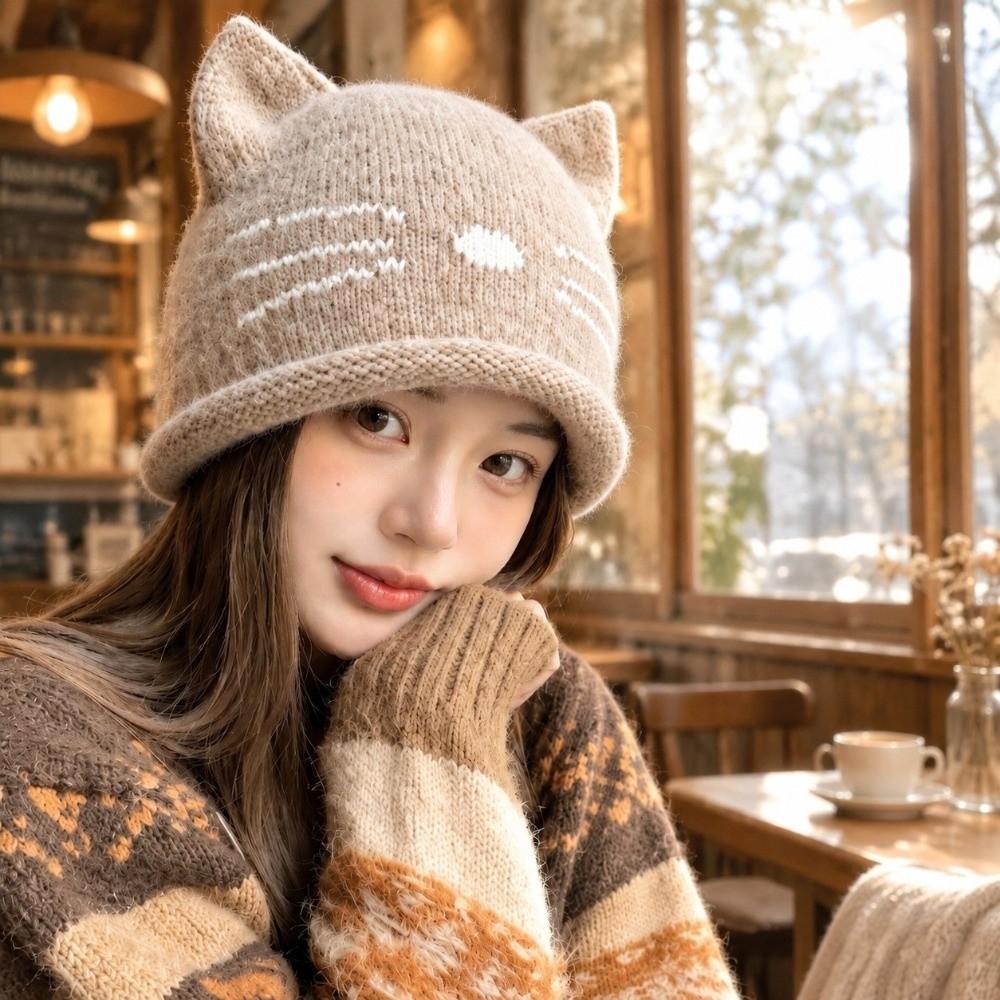 Solid Color Cat Ear Beanie Hat Keep Warm Winter Hat Fashion Knitted Skull Cap Winter