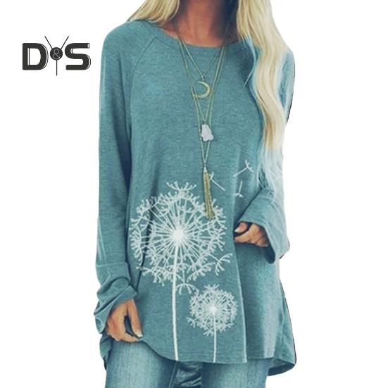 Women's Plus Size Tunic Top Dandelion Print Longline Shirt Crew Neck Long Sleeve Pullover Tee Casual Loose Fit Blouse for Work Daily Life