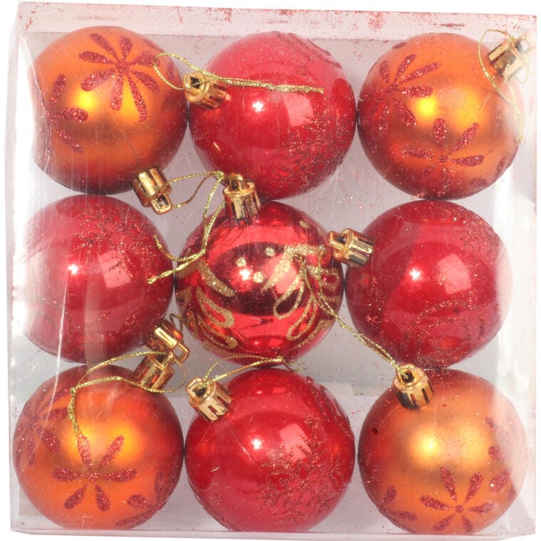 Set of 9 red and orange plastic baubles 6 cm