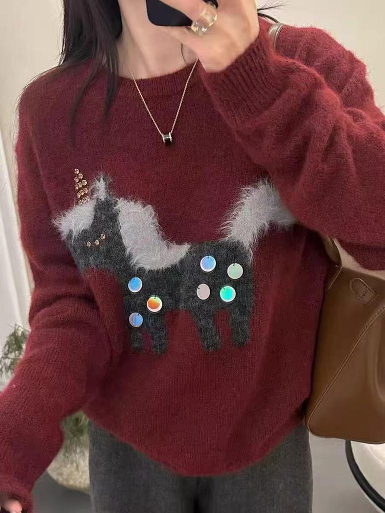 Women's Autumn/Winter 2026 Loose Wool Pullover with Heavy Industry Sequin Cartoon Pony Embroidery