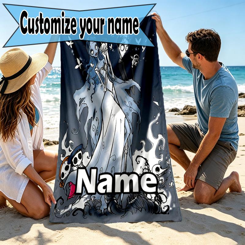 Custom Name Personalized Corpse Bride Print Beach Towel, for Trip Camping Beach Party Home Decor, Birthday Gift for Family & Friends