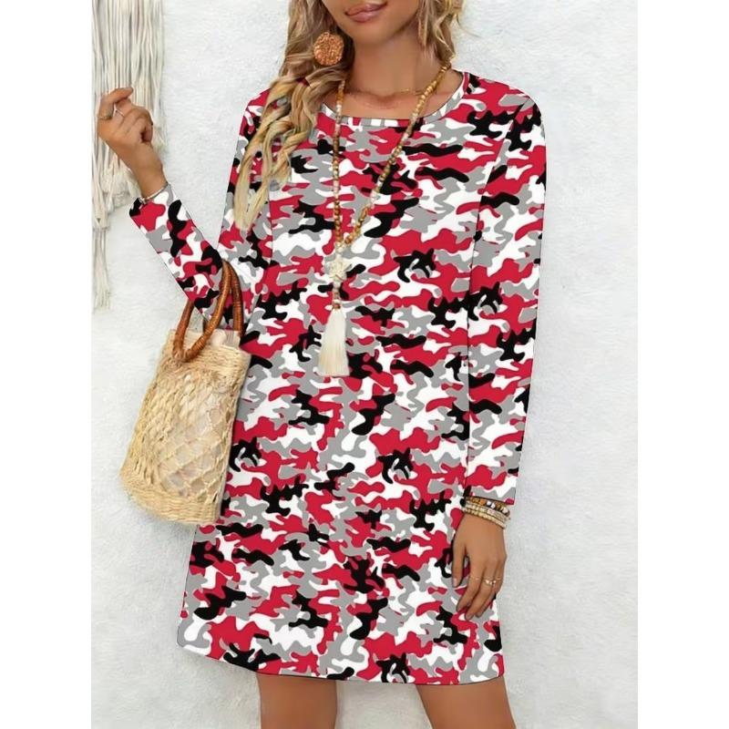 Ladies' Long Sleeved Round Neck Casual Mini Dress, 3D Retro Camouflage Printed Casual Vacation Dress