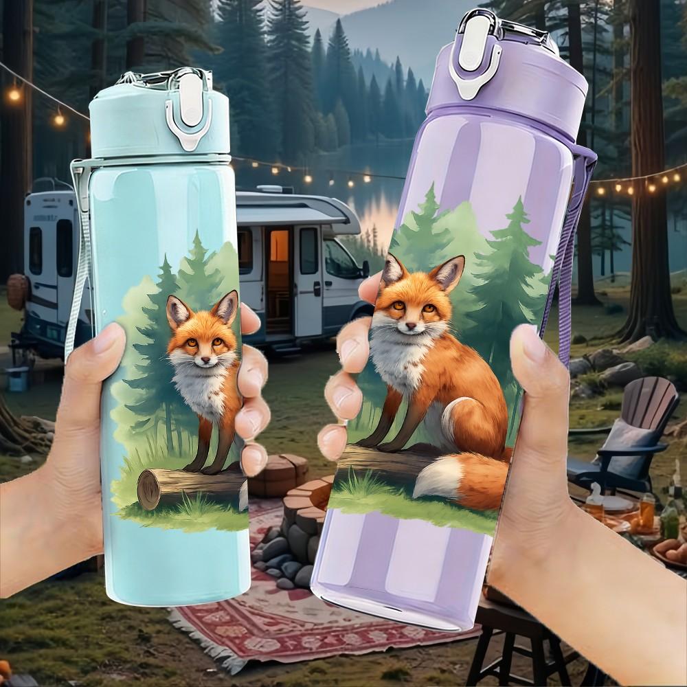 1PC Forest Fox Illustration Print 750ml Color Plastic Sports Water Bottle Leakproof Flip Straw Lid Suitable for Sports Office Home Use