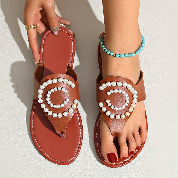 2025 New Fashion Casual Large Size Pearl Toe Solid Color Flat Casual Slippers Fashion Beach Women's Shoes