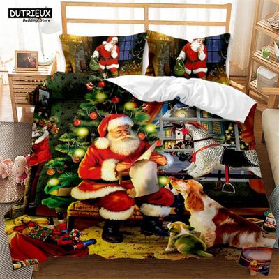 Christmas Duvet Cover Set King Winter Theme Cartoon Bedding Set Microfiber Santa Claus Elk Carriage Comforter Cover For Girl Boy