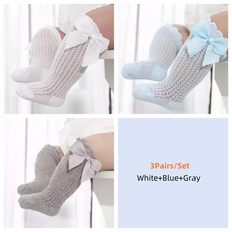 Lawadka 3Pairs/Set Infant Long Socks for Baby Girls And Boys Bow Cotton Summer Mesh Newborn Toddler Knee High 0-2Years Socks