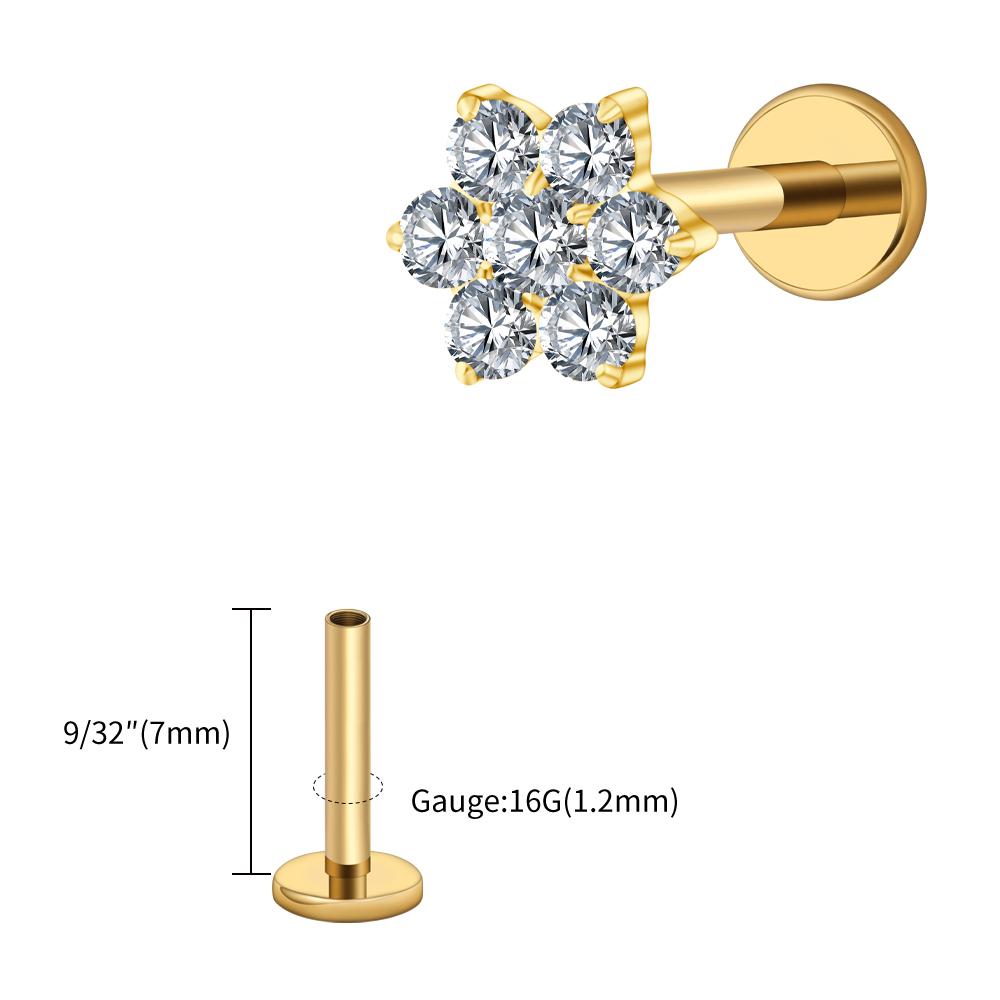 Right Grand ASTM F136 Titanium 16G Tiny Flower CZ Stud Earring Tragus Helix Rook Conch Labret Stud Flat Back Cartilage Piercing