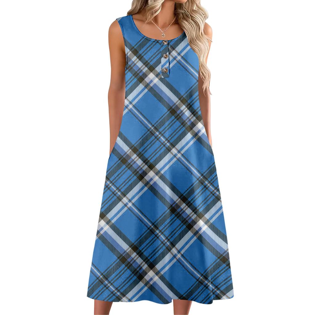 Women's Fashion Casual Sleeveless Button Plaid Print Dress with Pocket