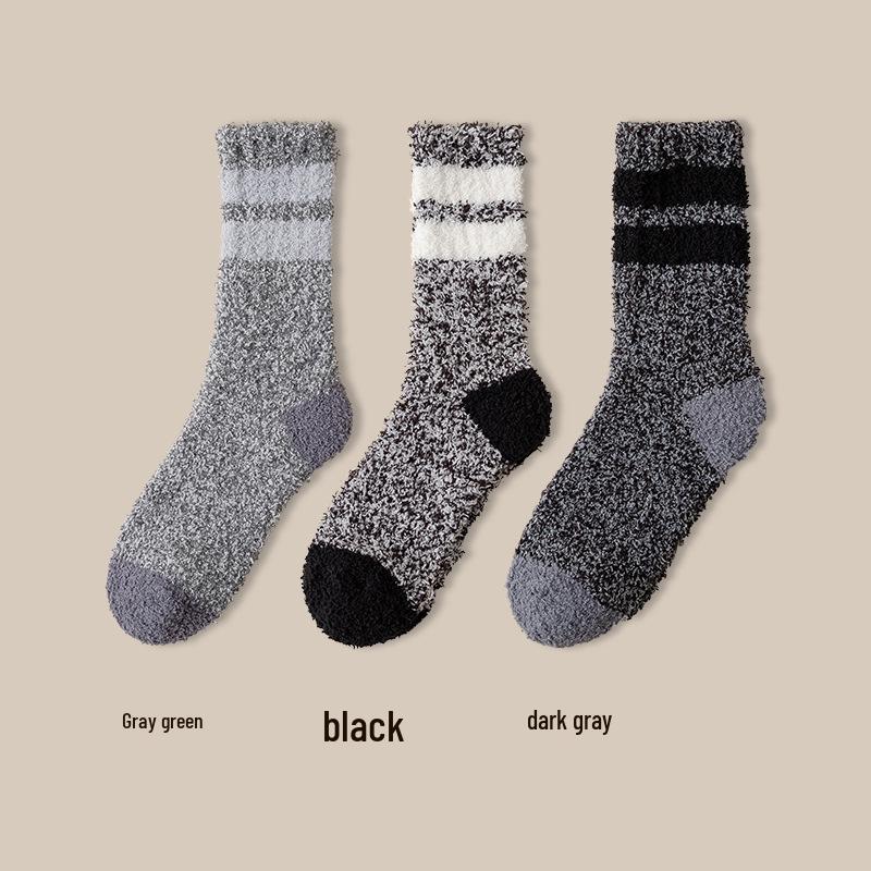 Herren Schwarze Halbhohe Verdickte Korallenfleece-Socken - Gemütliche Herbst-/Winter-Hausbodensocken