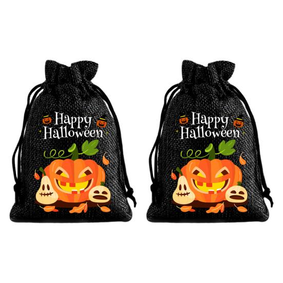 Handmade Style Party Bags 2Pcs Halloween Pumpkin Drawstring for Candy Treats, Retro Burlap Festival Totes Trick or Treat Bags, Portable Goodie