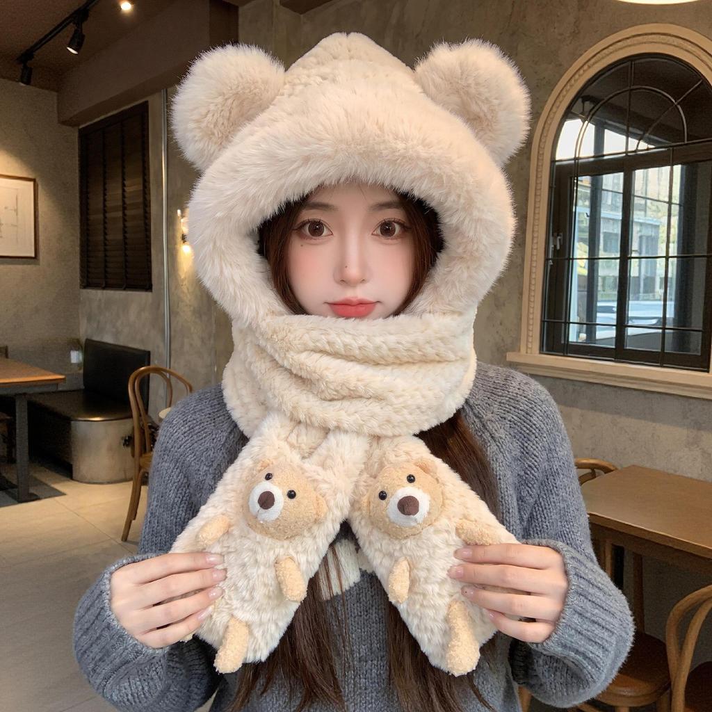 Winter warm plush hat new scarf gloves integrated cute bear three-piece set female cycling ear protectors