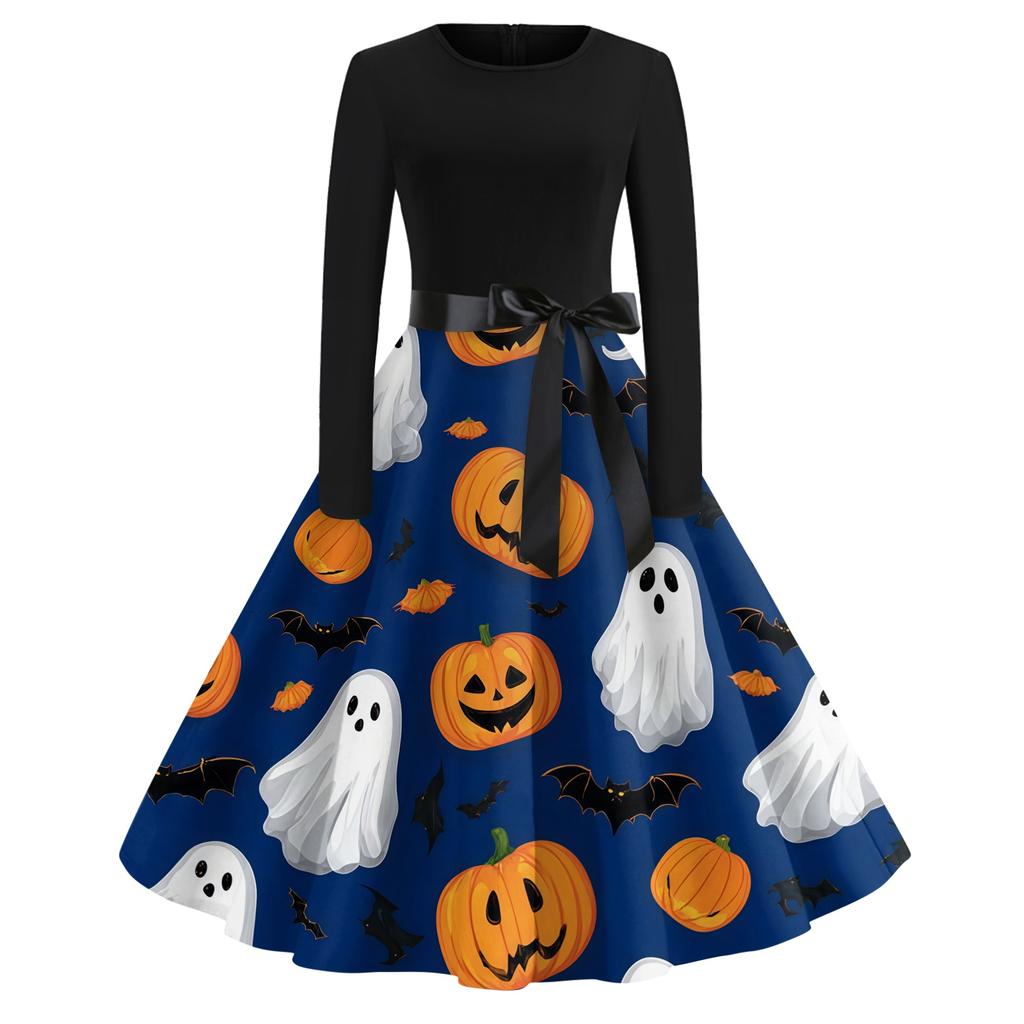 Women Casual Vintage Halloween Dress Long Sleeve Round Neck Fit and Flare Midi Dress with Halloween Tree and Ghost Print and Waist Tie