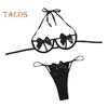 2 Pcs/Set Women Underwear Set Bow Decor Hollow Out Three-point Lace-up Halter Neck Honeymoon Bedroom Bra G-string Set High Waist Revealing Thong