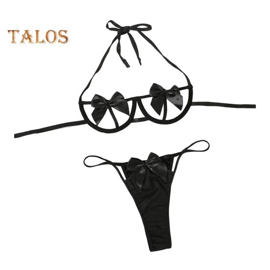 2 Pcs/Set Women Underwear Set Bow Decor Hollow Out Three-point Lace-up Halter Neck Honeymoon Bedroom Bra G-string Set High Waist Revealing Thong