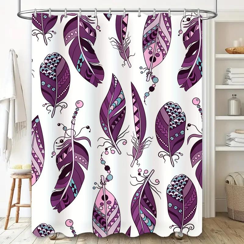 Vibrant Feather Print Shower Curtain Purple Decorative Bathroom Accessories Set for Home Decoration