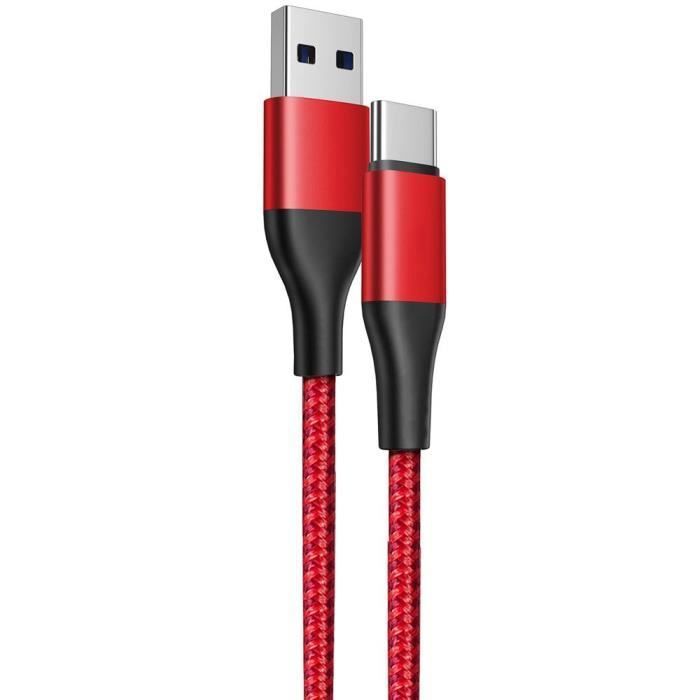 Câble USB-C Charge Rapide 3A pour Samsung Galaxy - BOOLING - Nylon Tressé 1M Rouge
