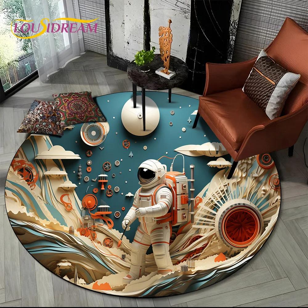 Astronaut Vesmír Kosmonaut 3D Vesmír Kreslený Kulatý Oblastní Koberec Kobereček pro Obývací Pokoj Ložnici Dětský Dekor, Podložka pro Domácí Zvířata Protiskluzová