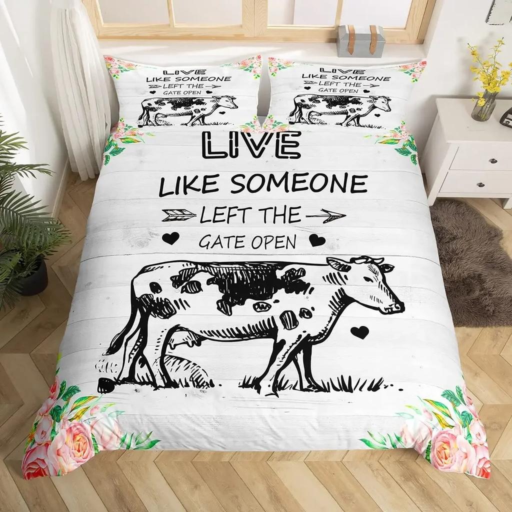 Cows Duvet Cover Set Black and White Milk Cow Print Comforter Cover Animal Theme Bedding Set Room Decor Pink King Quilt Covers