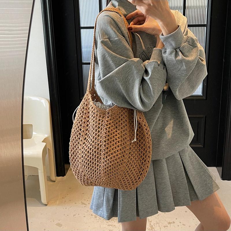 Yogodlns Summer Beach Woven Tote Bag For Women Hollow-out Lightweight Large Capacity Shopper Shoulder Bag with Inner