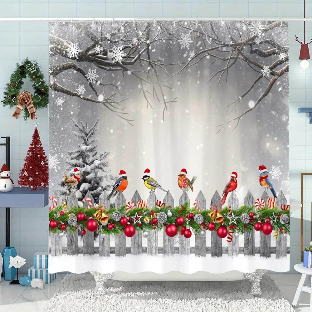 Snowman Christmas Tree Shower Curtain Merry Christmas Gift Polyester Fabric Home Shower Curtain Bathroom Decoration with Hooks