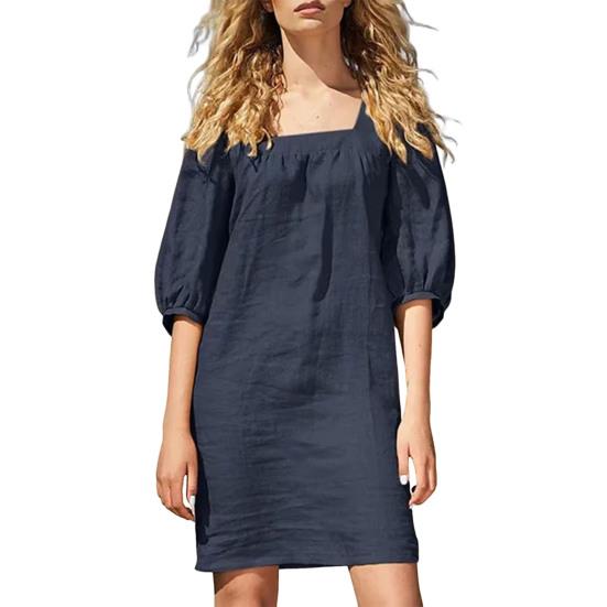

Women s Summer Linen Mini Dress Square Neck Puff Short Sleeve Beach Sundress Casual A-Line Short Dress S синій