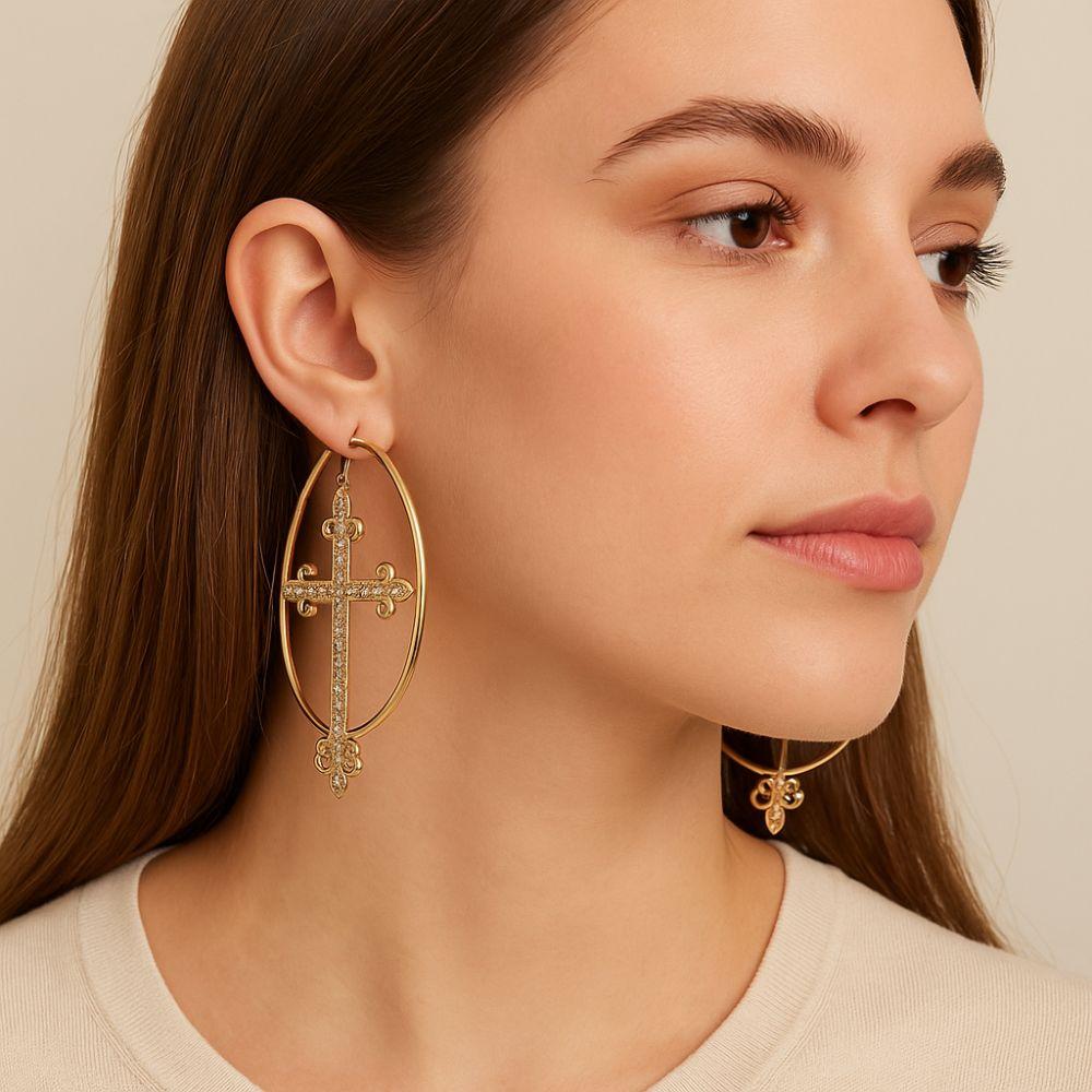 Metal Cross Earrings Bling Crystal Fashion Earring Korean Hoop Earrings  for Women