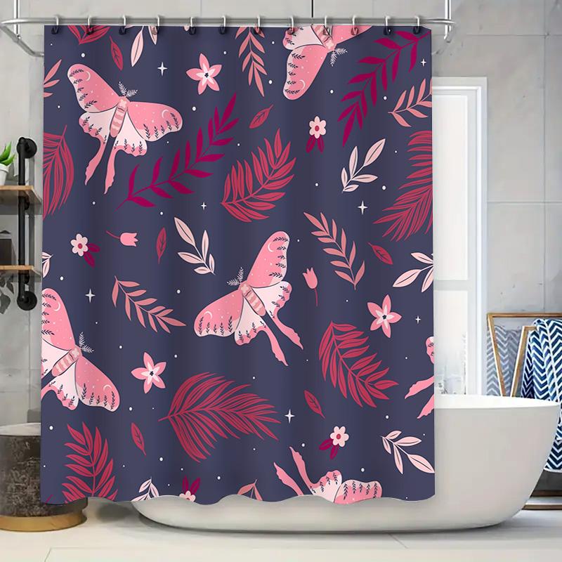 

Fashionable Shower Curtain With Pink Moth Pattern For Bathroom Decor Waterproof Fabric Shower Cloths Flowers Home Decor W60H190(CM)-1 Pcs