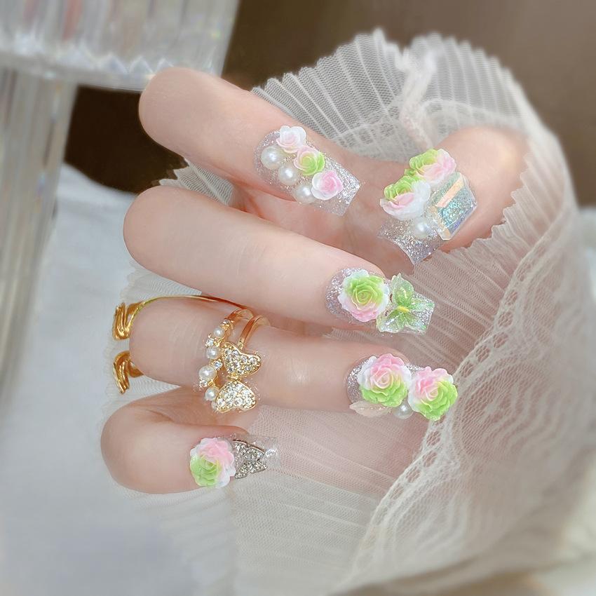 Wear nail finished product wholesale sweet and gentle rose bow nail piece long fake nail nail patch U52