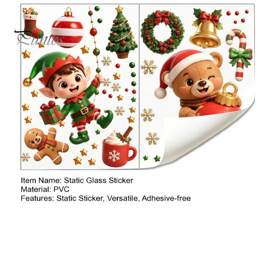 Winter Holiday Window Decorations 2PCS Christmas Static Sticker, Cute Cartoon Elves And Bears Easy Installation Glass Adhesives Print, PVC Stickers