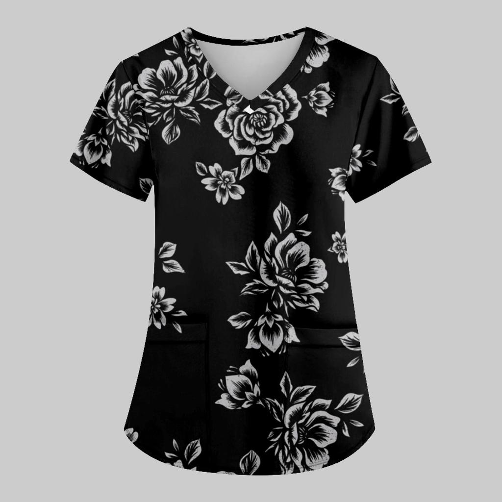 Modische bedruckte Damen-Arbeitsuniform mit Taschen-T-Shirt, kurzärmeliges Oberteil