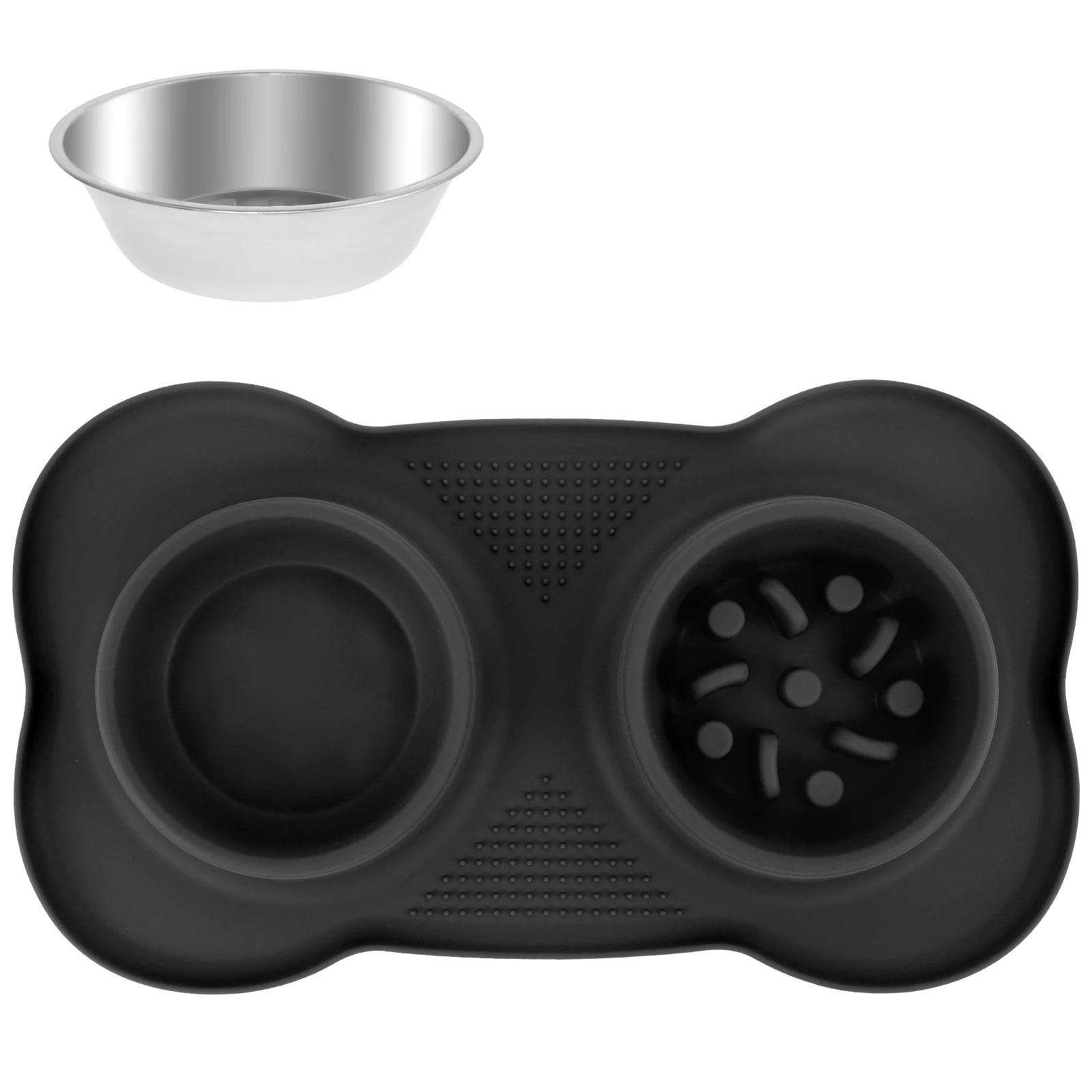 

Slow Feeder Dog Bowl with Nonslip Silicone Mat Stainless Steel Pet Slow Bowl Anti-choking Cat Dog Water Dispenser чорний