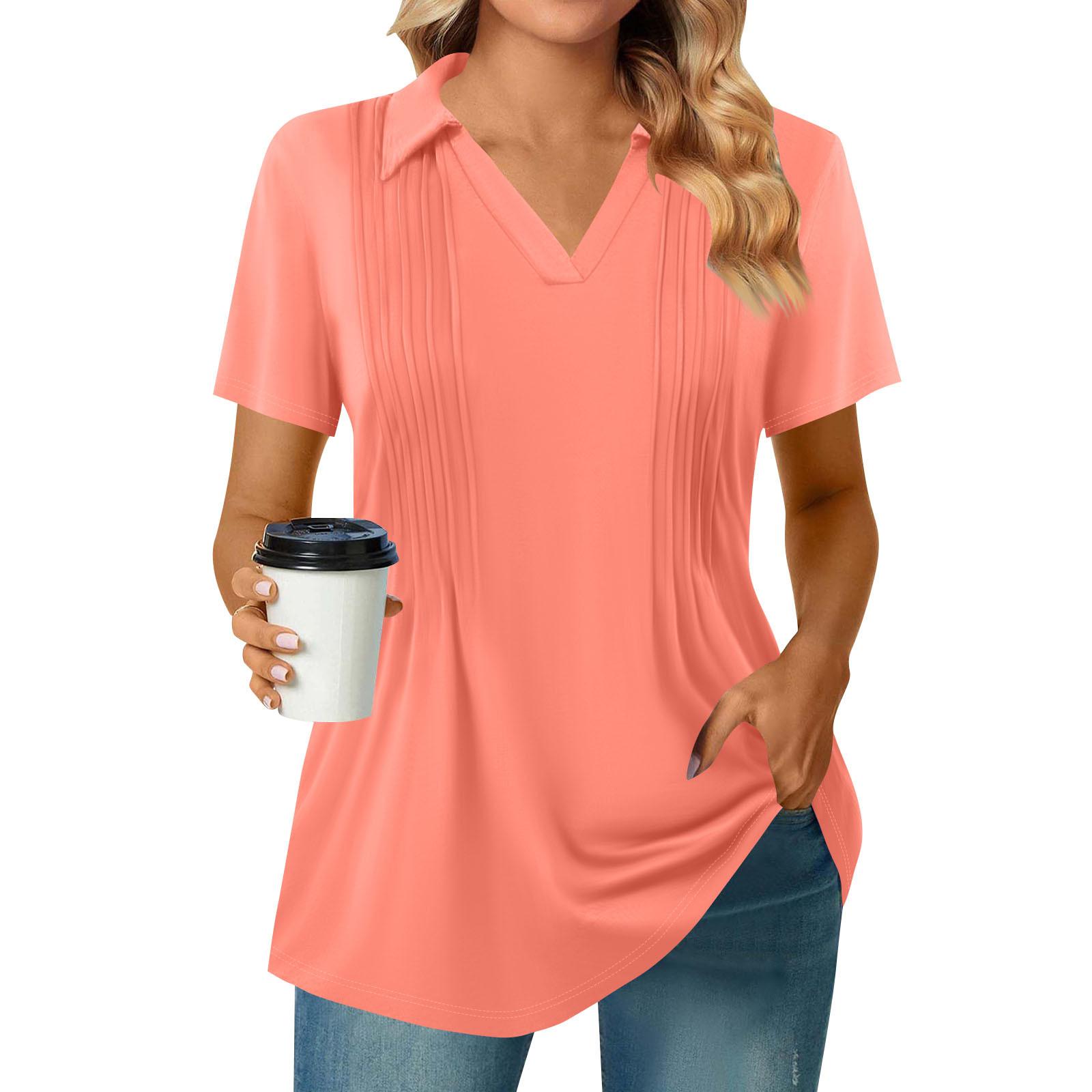 

Женские футболки с коротким рукавом, плиссированные, с V-образным вырезом, однотонные, с воротником, летние топы, модные, деловые, повседневные, для работы XL арбуз красный