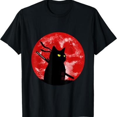 Japanisches Schwarzes Ninja-Katzen-Rotmond-Stil-Katzenkätzchen-Liebhaber-T-Shirt