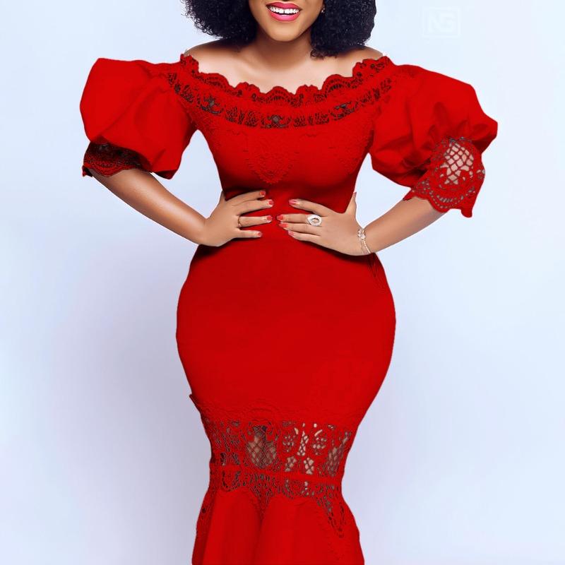 Women's One-word Collar Bubble Sleeve Lace Stitching Banquet Fishtail Dress Dress Long Dress Dress