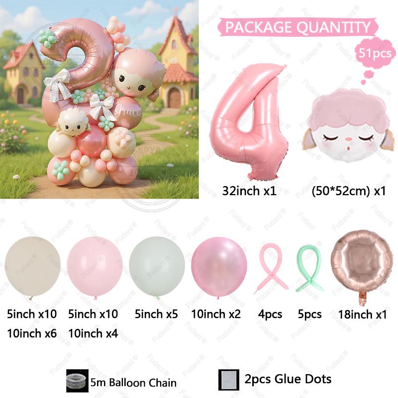 51Pcs Cute Pink Sheep Aluminum Film Balloon Pink Digital Balloon Set Girl Birthday Party Decoration Baby Shower Globos Gifts