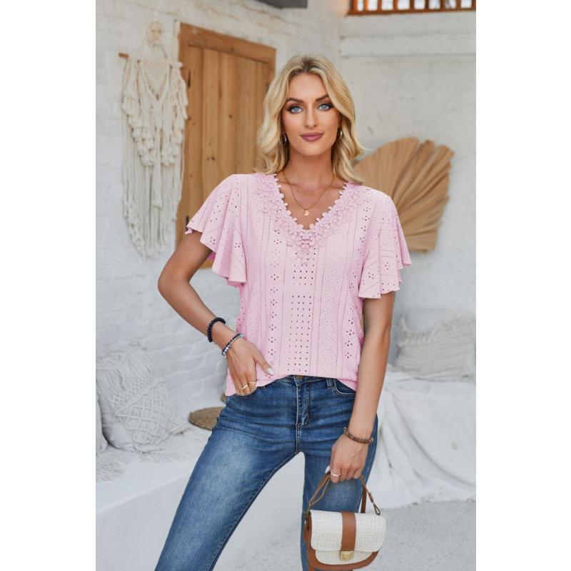 Women's Spring and Summer New Products, Lace V-neck, Ruffled Sleeves, Solid Color Loose T-shirt