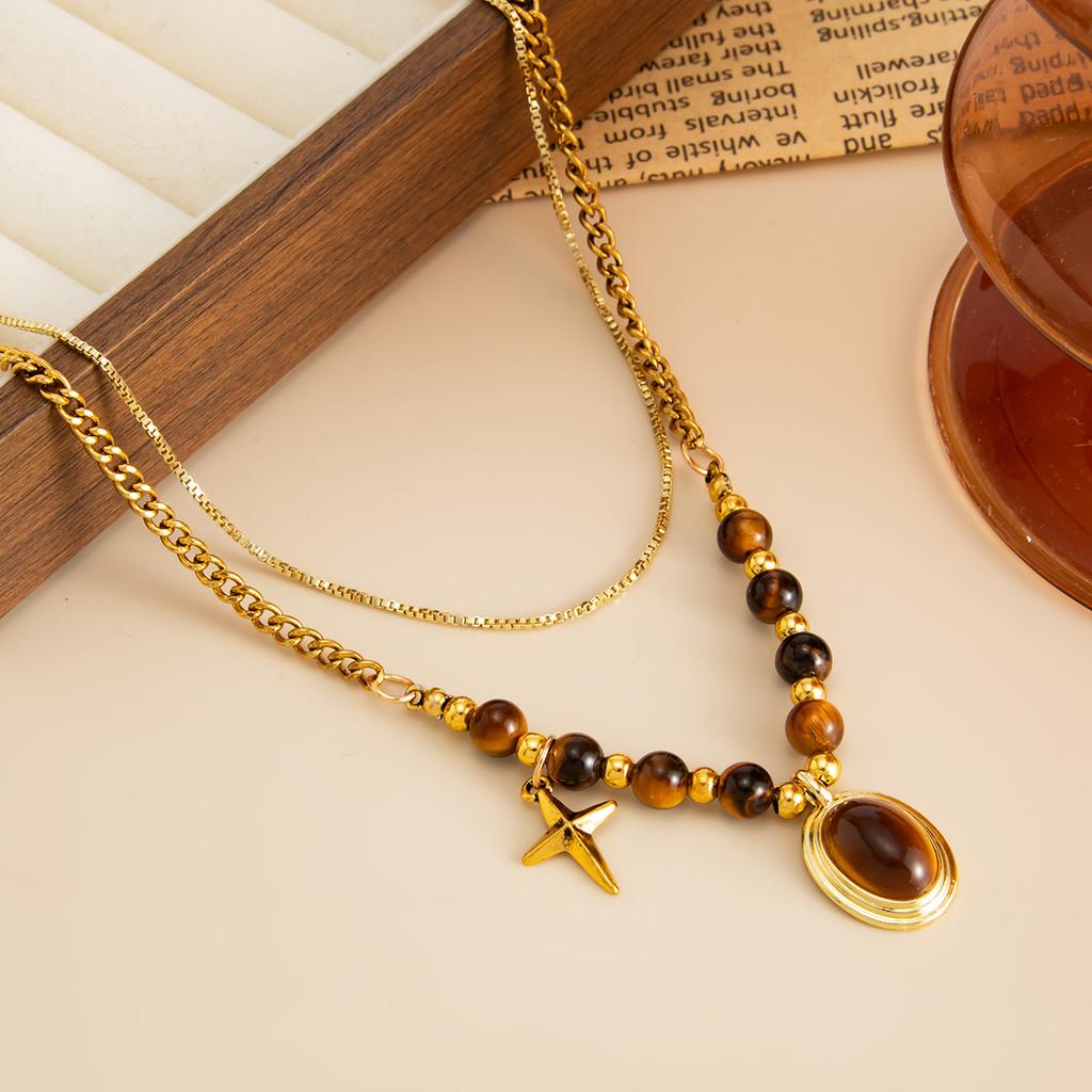 Maillard Style Tiger Eye Stone Pendant Y-shaped Thin Chain Sweater Necklace Women's Fashion Adjustable Rope Chain Daily Jewelry