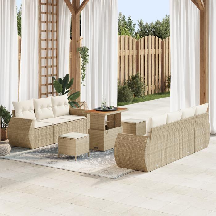 Ensemble de Canapé de Jardin de 10 Pièces avec Coussins Beige Rattan Acacia, Ensemble de Salle à Manger de Jardin 3 3363791
