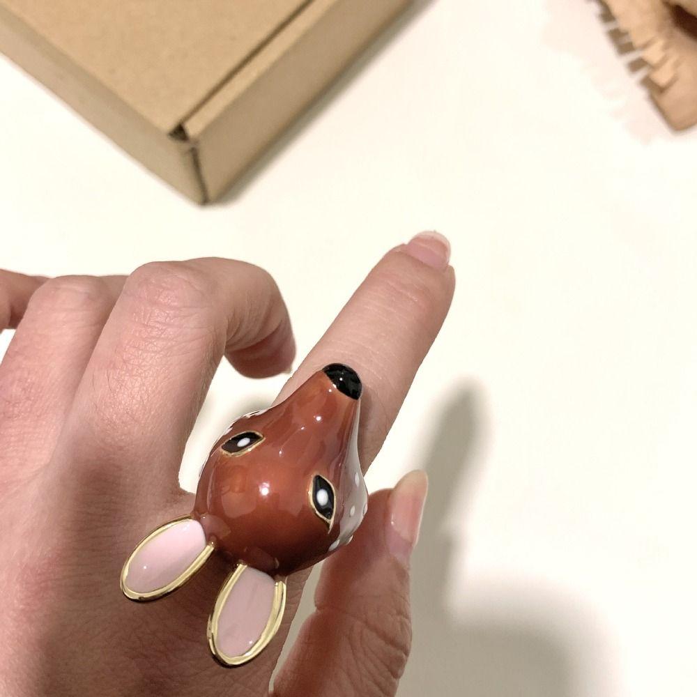 Opening Deer Drip Oil Ring Geometric Chunky Animal Ring Lovely Enamel Ring  Couple