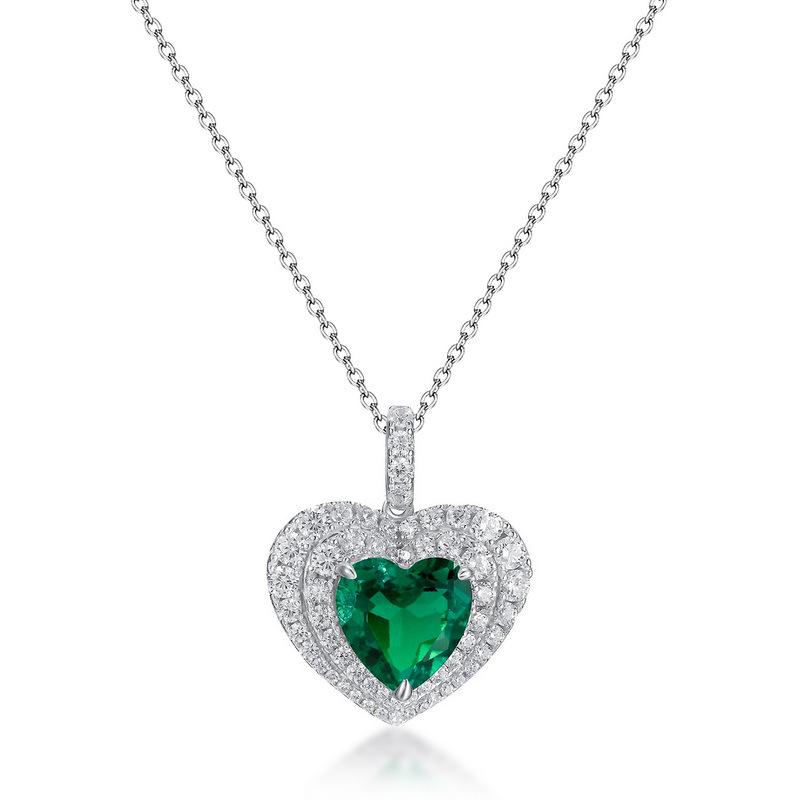 S925 Silver Lab-Grown Emerald Heart Pendant: Retro European-American Style Necklace for Women