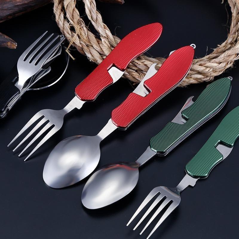 Multifunction 4 In 1 Outdoor Tableware Camping Stainless Steel Folding Pocket Kits