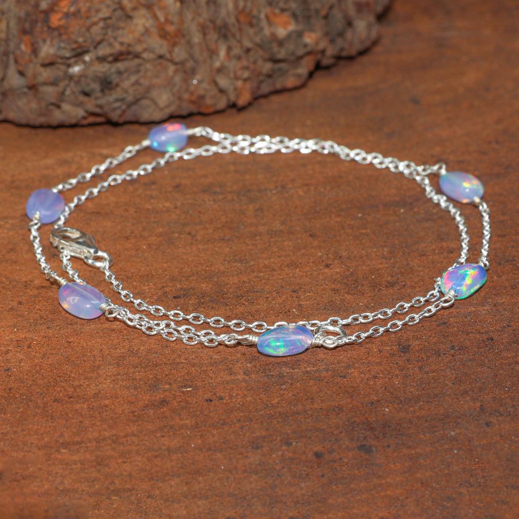 Multifire Lavender Opal Tumble Beads Chain Necklace, Genuine Ethiopian Opal Chain Necklace, Opal Delicate Jewelry for Women, Birthstone Gift