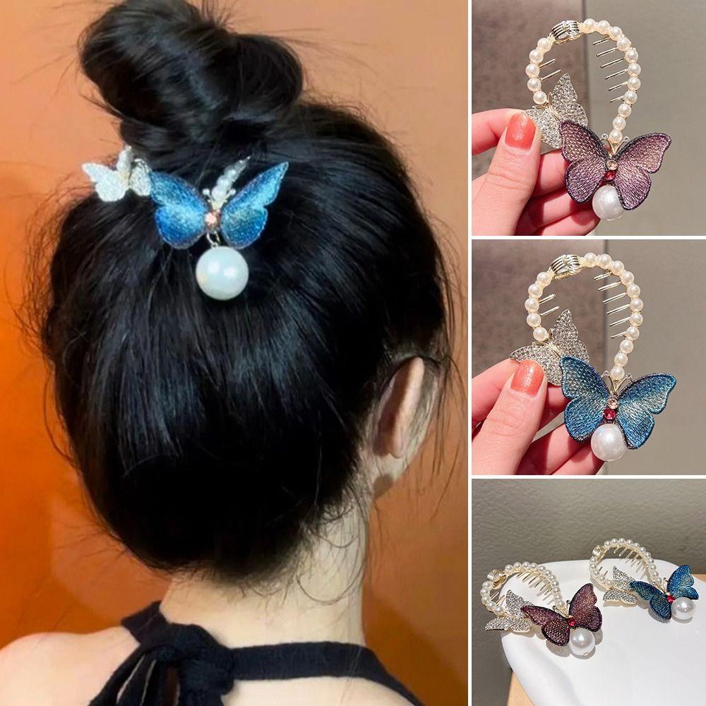 

Retro Horsetail Buckle Pearl Hair Clip Butterfly Hairpin Rhinestone Hair Buckle Headdress