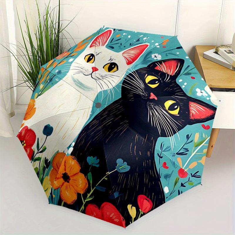 1pc Cats Flowers Automatic Umbrella   Auto Open/Close Folding Umbrella with  8 Rib Frame, 3 Fold Compact Umbrella for Men & Women, 130