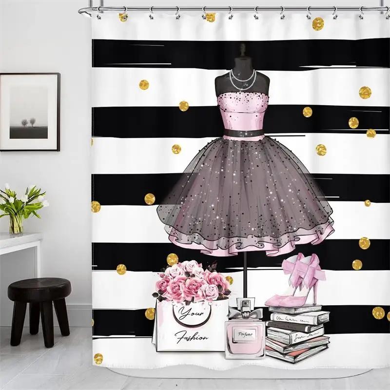 Pink Perfume High Heel Shower Curtain Set Black White Stripes Fashion Girl Woman Bathroom Decor Polyester Bathtub Curtains Hooks